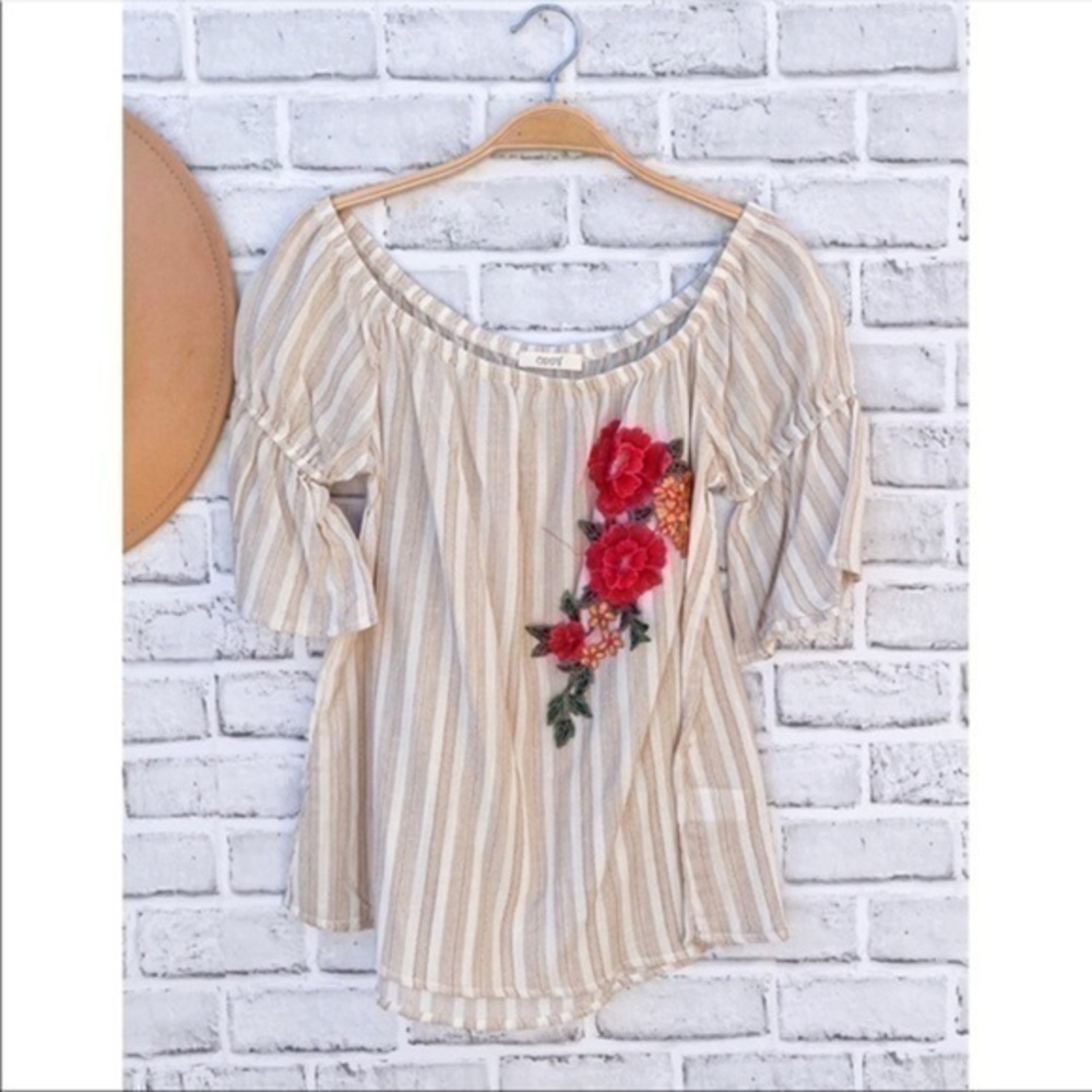 NWT Taupe & Ivory Vertical Line Embroidered Floral Off Shoulder Top